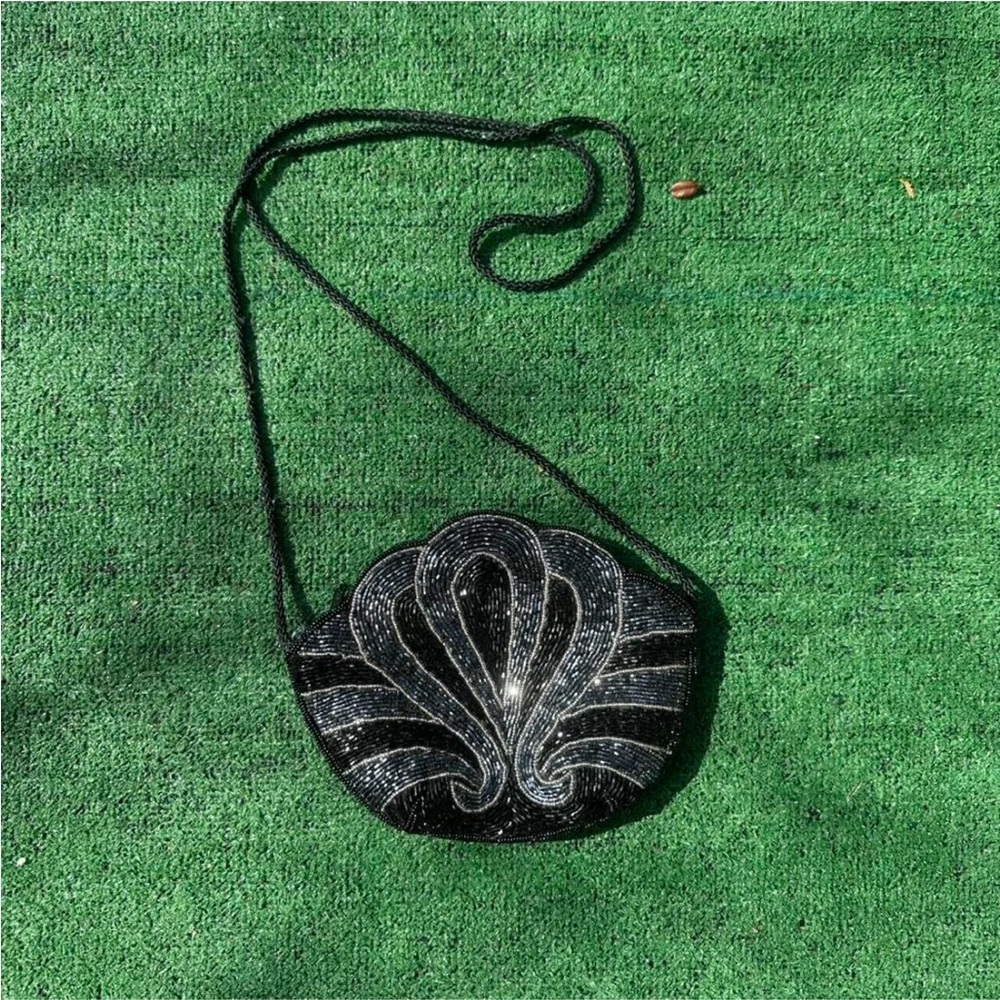 Source Unknown Black and Silver Beaded Crossbody Bag